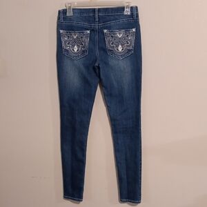 Mudd Women's Dark Blue Skinny Jeans with White Embroidery